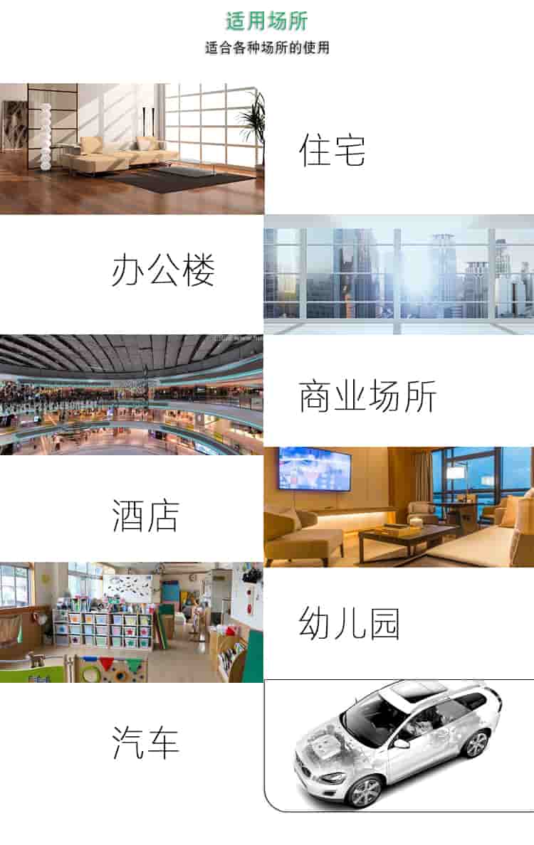 適用場(chǎng)所，適合各種場(chǎng)所的使用，住宅，辦公樓，商業(yè)場(chǎng)所，酒店，幼兒園，汽車