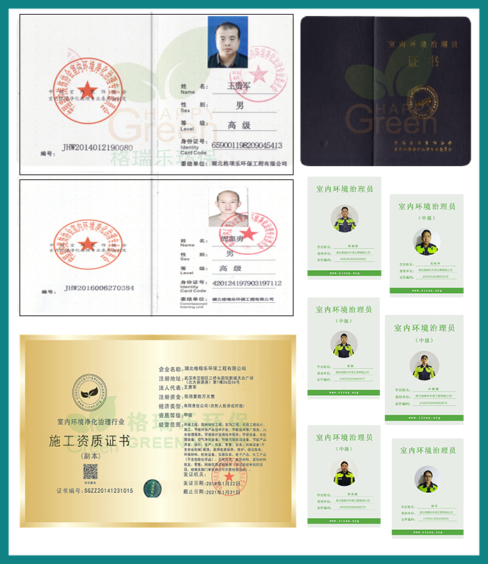 1、全國(guó)首創(chuàng)“家庭環(huán)保服務(wù)顧問(wèn)”式服務(wù)  2、全國(guó)室內(nèi)環(huán)境凈化治理行業(yè)“甲級(jí)”施工資質(zhì)證書(shū)  3、中國(guó)室內(nèi)環(huán)境凈化治理行業(yè)“甲級(jí)”能力等級(jí)證書(shū)  4、中國(guó)室內(nèi)環(huán)境凈化專業(yè)委員會(huì)副主任會(huì)員單位；  5、中國(guó)室內(nèi)凈化委湖北省技術(shù)服務(wù)指導(dǎo)中心及委托施工單位；  6、凈化治理服務(wù)施工專業(yè)組副組長(zhǎng)單位；  7、施工技師經(jīng)過(guò)嚴(yán)格培訓(xùn)、持證上崗《室內(nèi)環(huán)境治理員》。