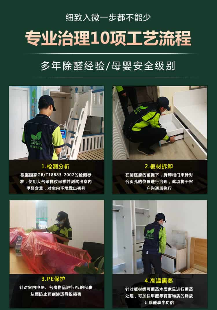細(xì)致入微一步都不能少，專業(yè)治理10項(xiàng)工藝流程，多年除醛經(jīng)驗(yàn)，母嬰安全級(jí)別，檢測(cè)分析，板材拆卸，PE保護(hù)，高溫熏蒸