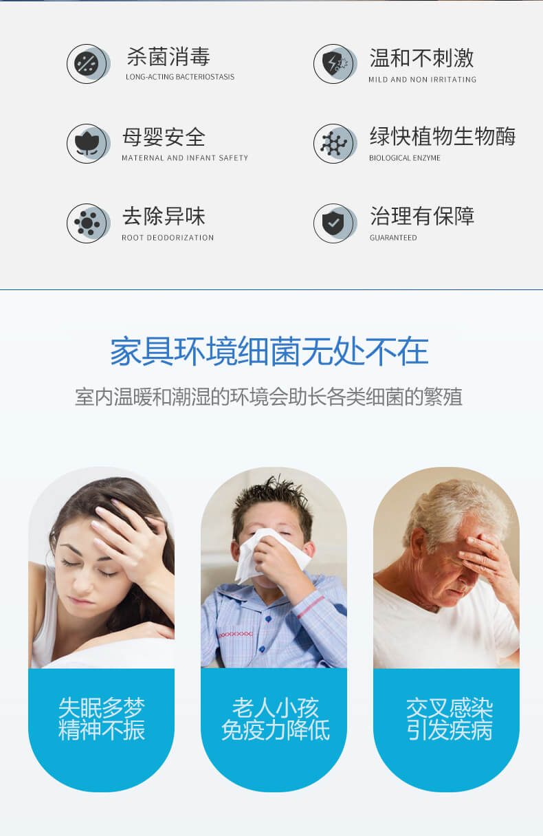 殺菌消毒，溫和不刺激，母嬰安全，綠快植物生物酶，祛除異味，治理有保障，家具環(huán)境細菌無處不在，室內(nèi)溫暖和潮濕的環(huán)境會助長各類細菌的繁殖，失眠多夢，精神不振，老人小孩免疫力降低，交叉感染，引發(fā)疾病